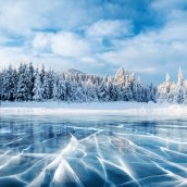 lac glacé sapins enneigés ciel bleu