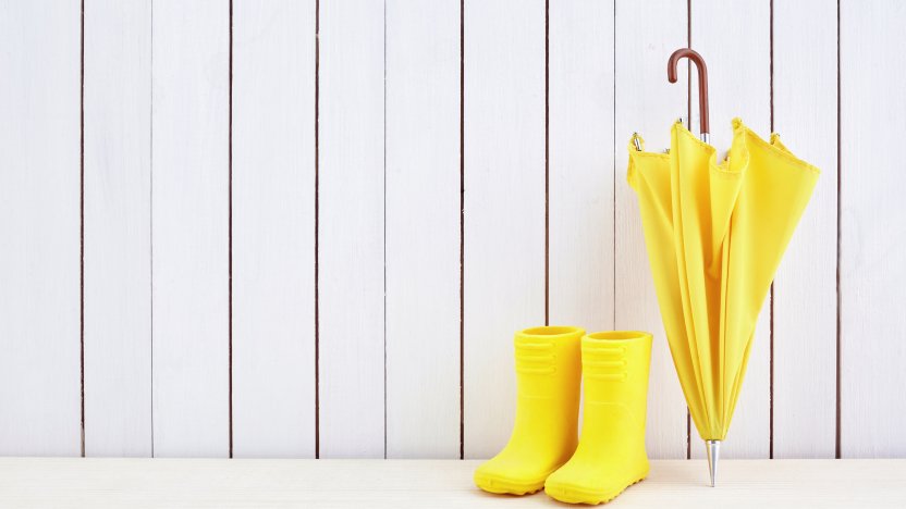 parapluie jaune et bottes de pluie jaunes