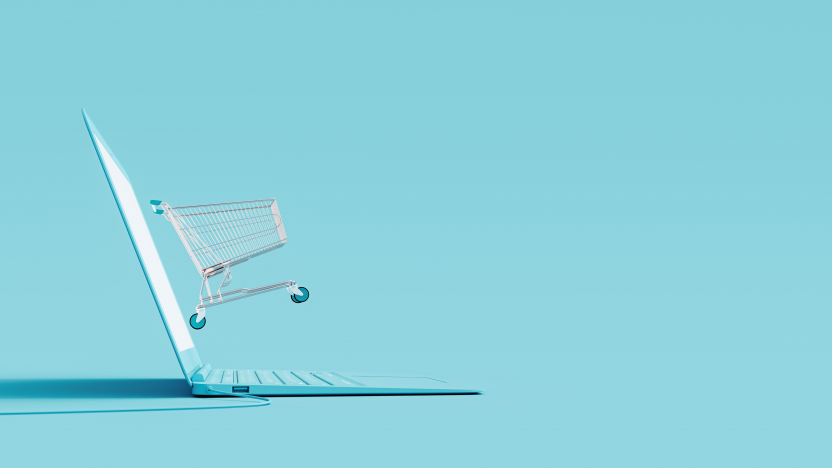 Concept de shopping en ligne. Portable et panier sur fond bleu Rendu 3D, Illustration 3D