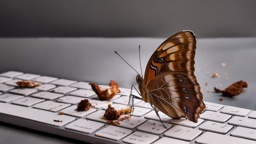 Un papillon et des miettes sur un clavier Apple 